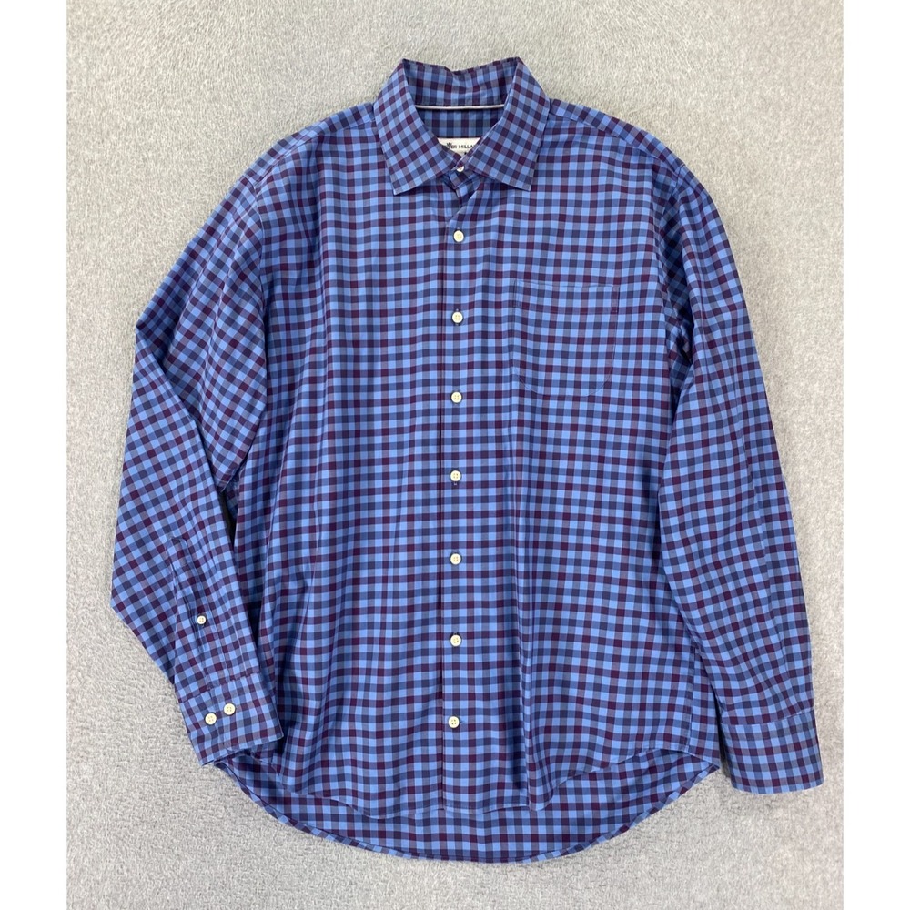 Peter Millar Mens Large Button Up‎ Shirt Long Sleeve Blue Check Stretch Comfort